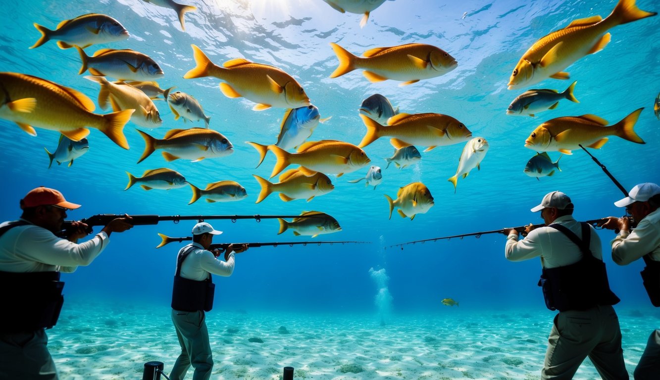 Sekelompok nelayan secara strategis mengarahkan dan menembak ikan berwarna-warni yang berenang di dunia bawah laut yang penuh warna.