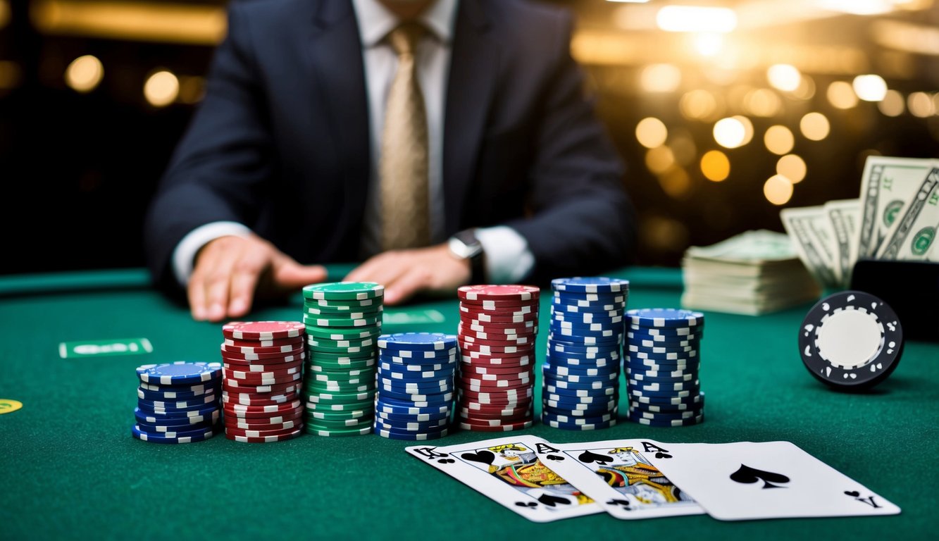 Sekelompok chip poker dan kartu remi yang disusun di atas meja felt hijau, dengan tombol dealer dan tumpukan uang di latar belakang