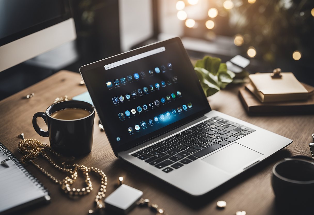 A jewelry retailer's blog post ideas: A laptop with social media icons, jewelry pieces, and a notepad with SEO keywords on a desk
