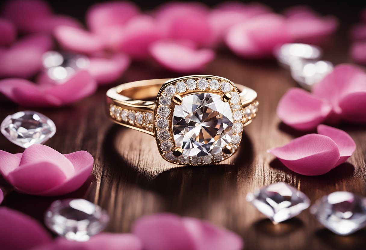 A sparkling diamond ring nestled in a bed of rose petals, surrounded by elegant jewelry pieces on a polished wooden display