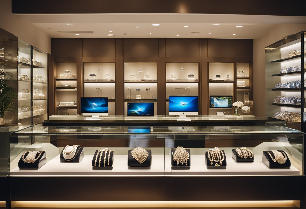 A jewelry store with a vibrant blog section, featuring various SEO-friendly blog topics displayed on a computer screen. Shimmering gemstones and elegant jewelry pieces are showcased throughout the store