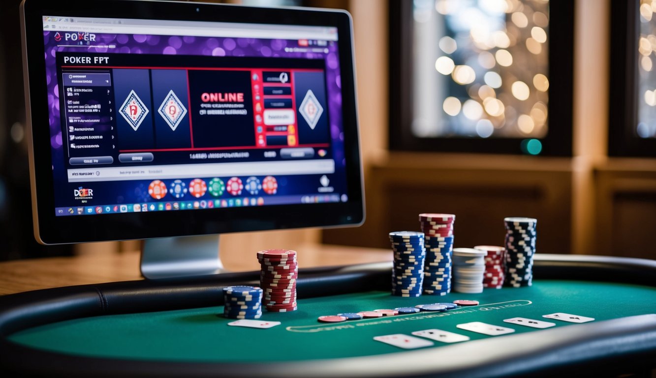 Sebuah meja poker dengan chip, kartu, dan layar komputer yang menampilkan permainan poker online