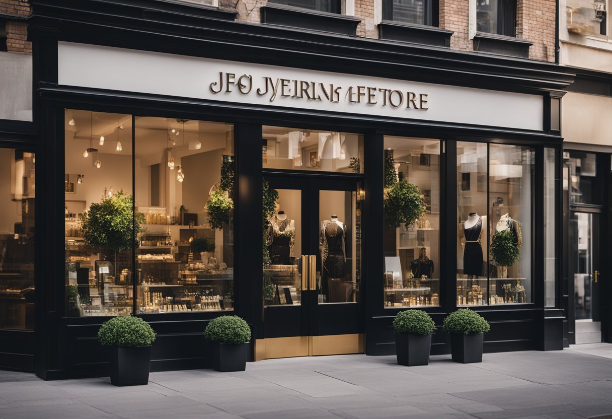 A jewelry store exterior with a prominent sign, surrounded by other local businesses. Bright and inviting with a clean storefront and attractive window displays