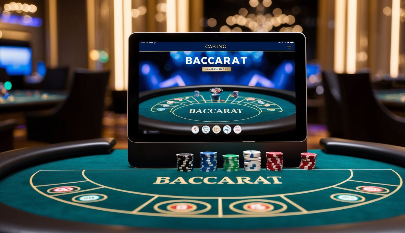 Meja baccarat online yang ramping dan modern dengan kartu dan chip virtual, diletakkan di latar belakang yang canggih dari kasino mewah.