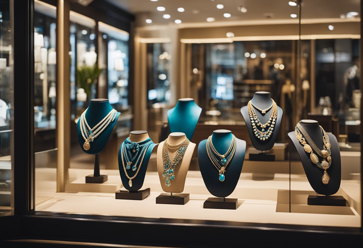 A jewelry store with a vibrant window display, surrounded by bustling city streets, and a mix of traditional and modern marketing materials