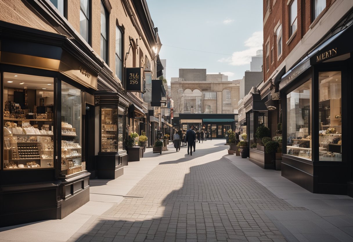 A jewelry store with a prominent storefront, surrounded by bustling local businesses. A mix of traditional and modern marketing materials on display