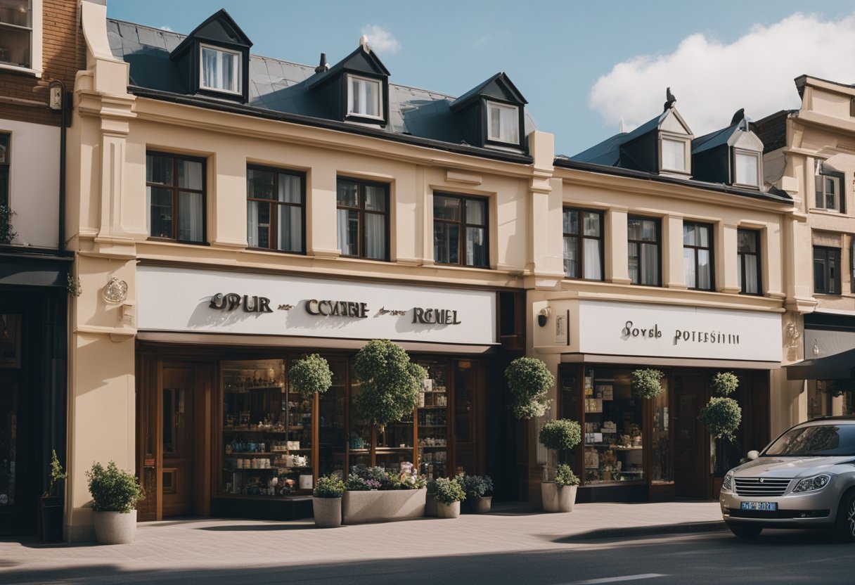 A jewelry store with a prominent sign, surrounded by local landmarks and traditional SEO symbols