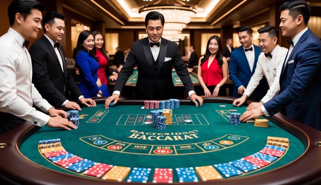 Sebuah meja baccarat dengan chip dan kartu berwarna-warni, dikelilingi oleh pemain yang antusias dan seorang dealer