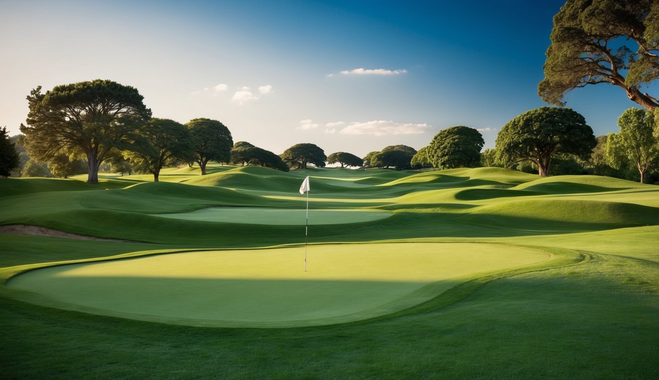 Sebuah lapangan golf yang tenang dengan bukit hijau bergelombang dan langit biru yang cerah, dikelilingi oleh pohon-pohon rimbun dan suasana yang damai