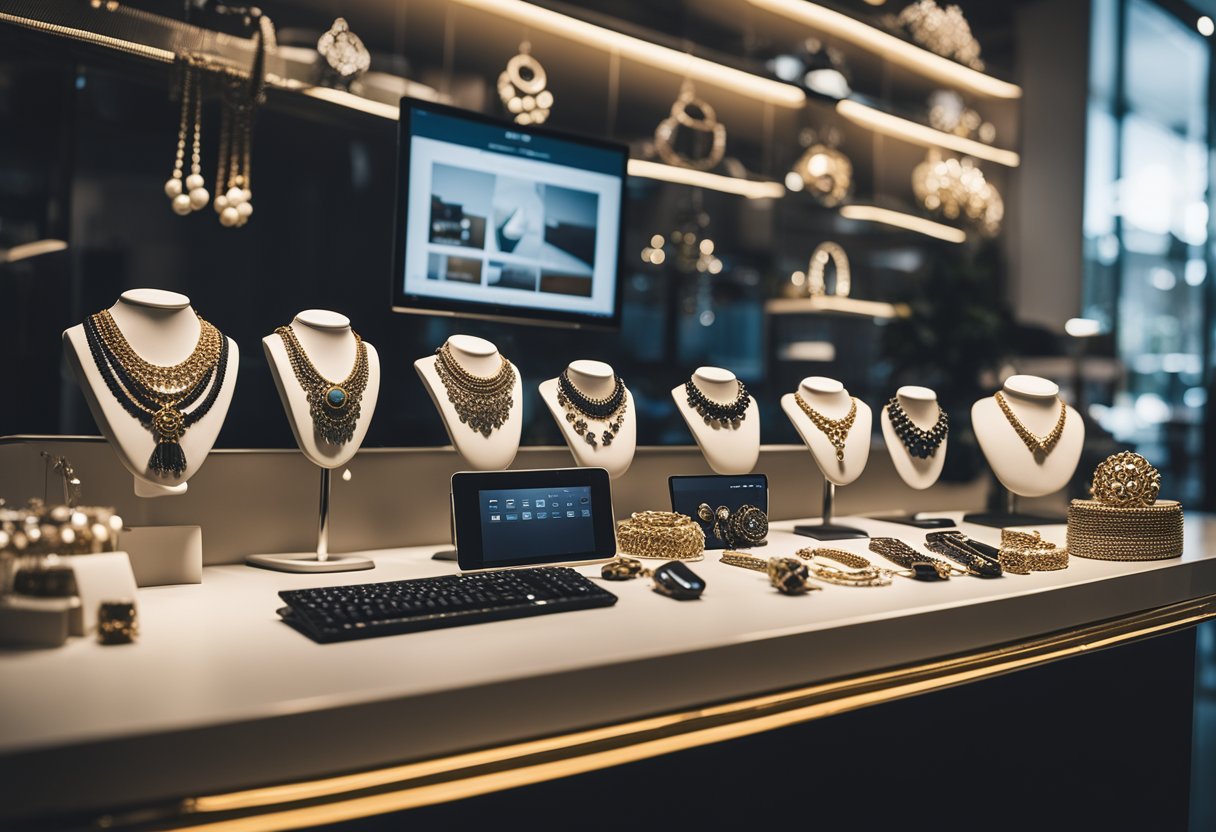 A jewelry store with SEO keyword tools displayed on a computer screen, alongside various jewelry pieces and content creation materials for marketing strategies