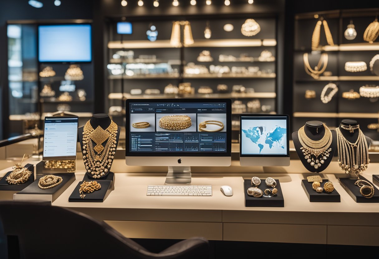 A jewelry store with a variety of products displayed, a computer with SEO keyword tools, and a chart showing increasing website traffic