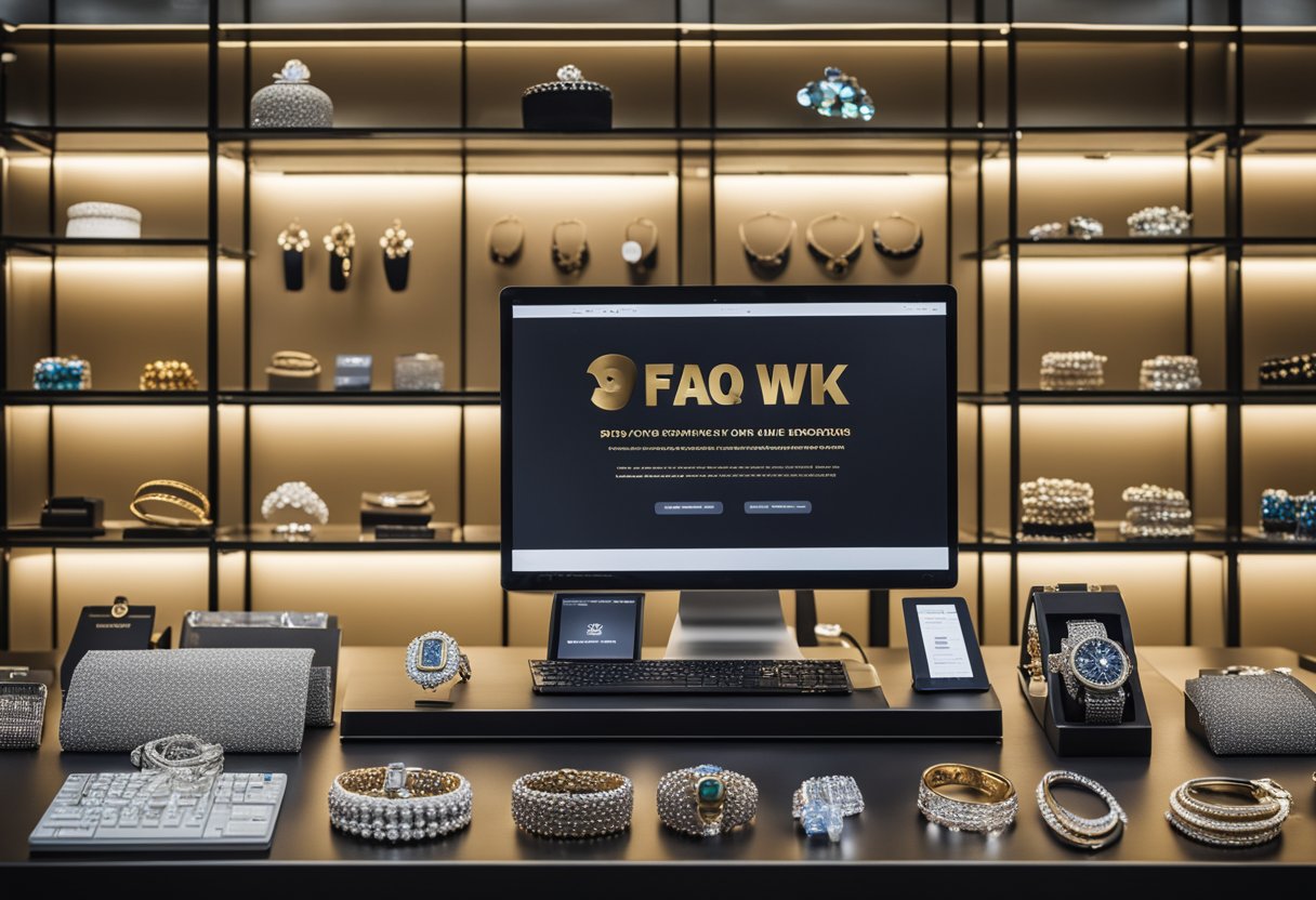 A jewelry store with shelves of sparkling accessories, a computer screen displaying SEO keyword tools, and a stack of FAQ brochures