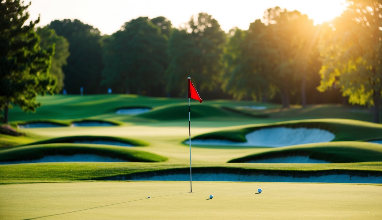 Sebuah lapangan golf dengan fairway hijau subur, bunker, dan tiang bendera di hari yang cerah