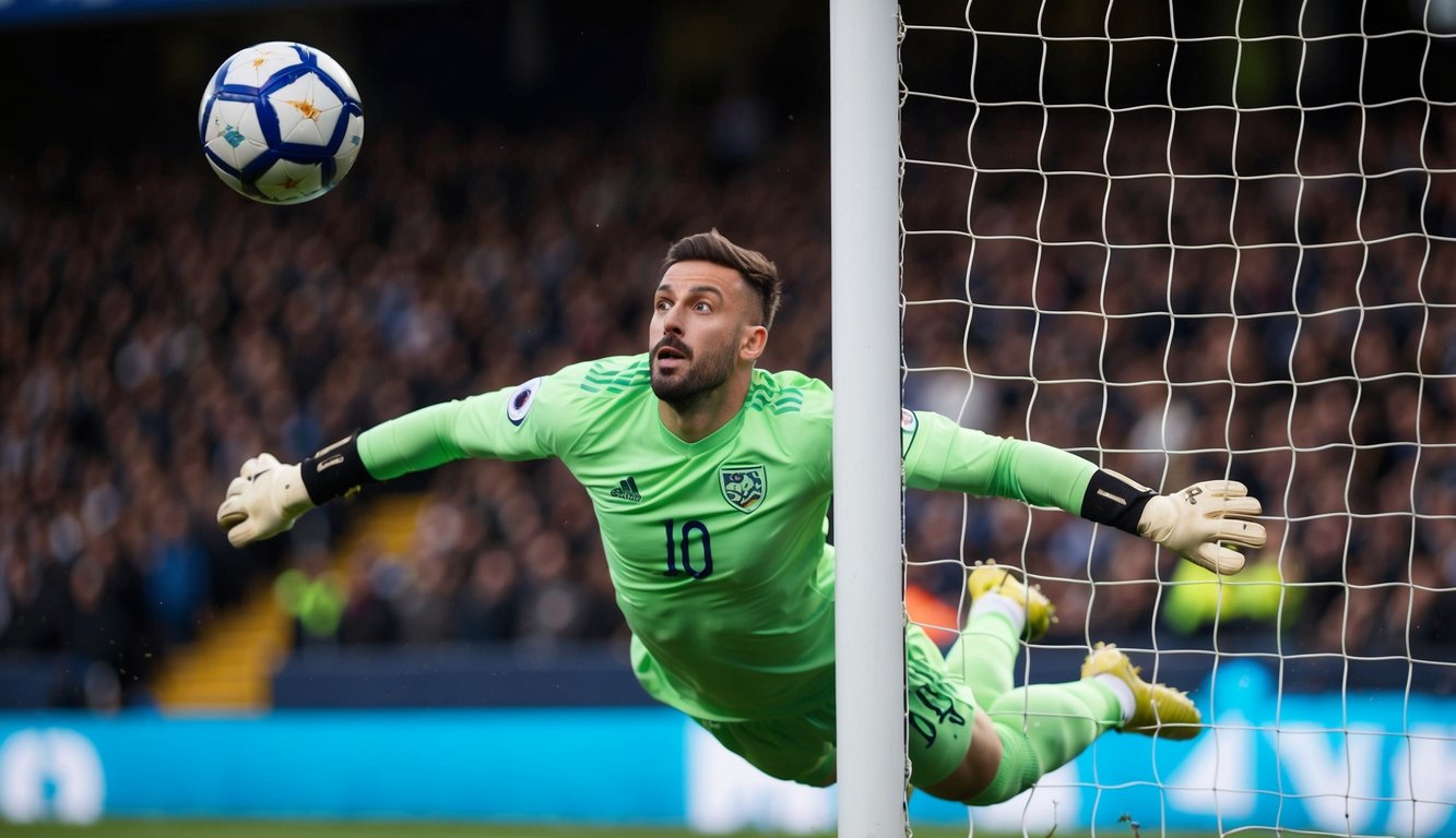 Sebuah bola sepak terbang ke sudut atas gawang, dengan kiper terjun dalam usaha sia-sia untuk menyelamatkannya