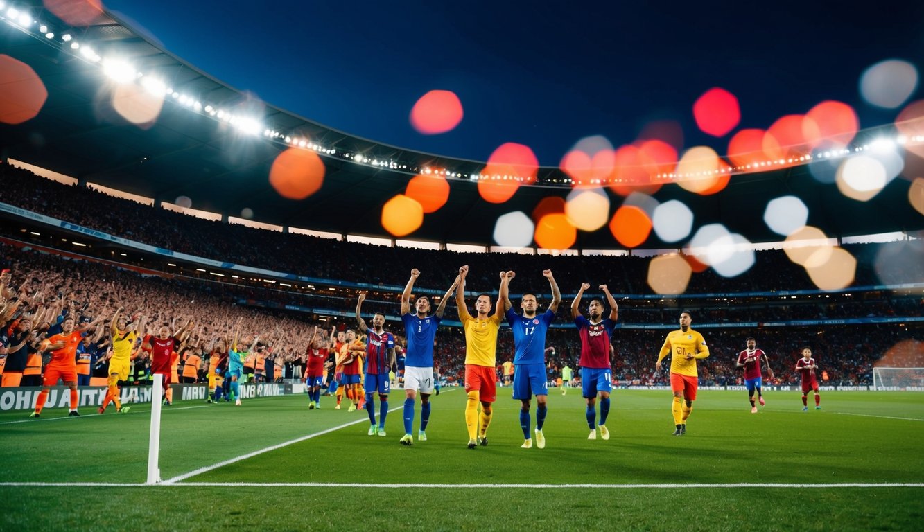 Sebuah stadion yang ramai dengan penggemar yang bersorak dan pemain di lapangan sepak bola