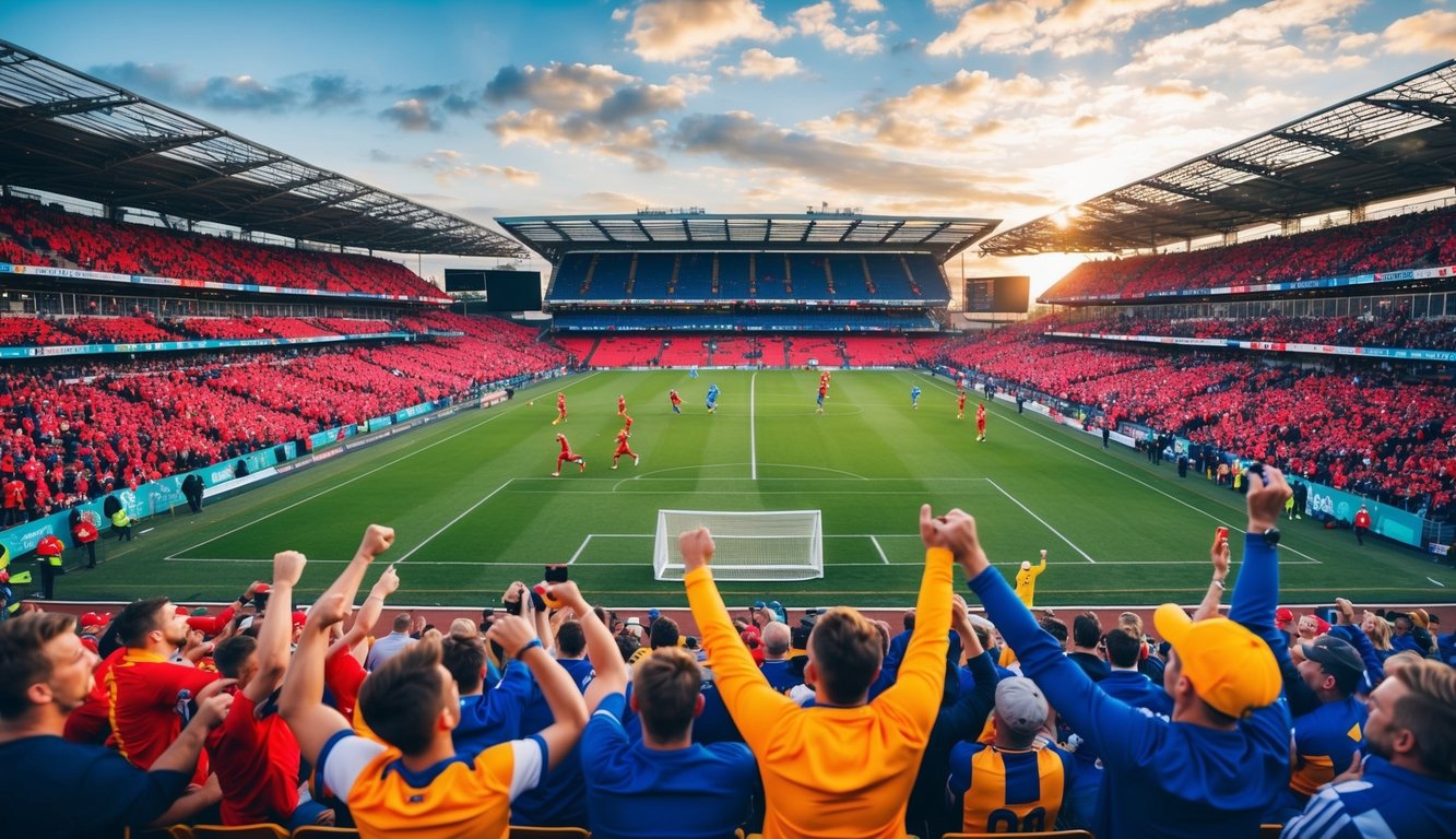 Sebuah stadion olahraga yang ramai dengan penggemar yang bersorak dan pemain yang beraksi