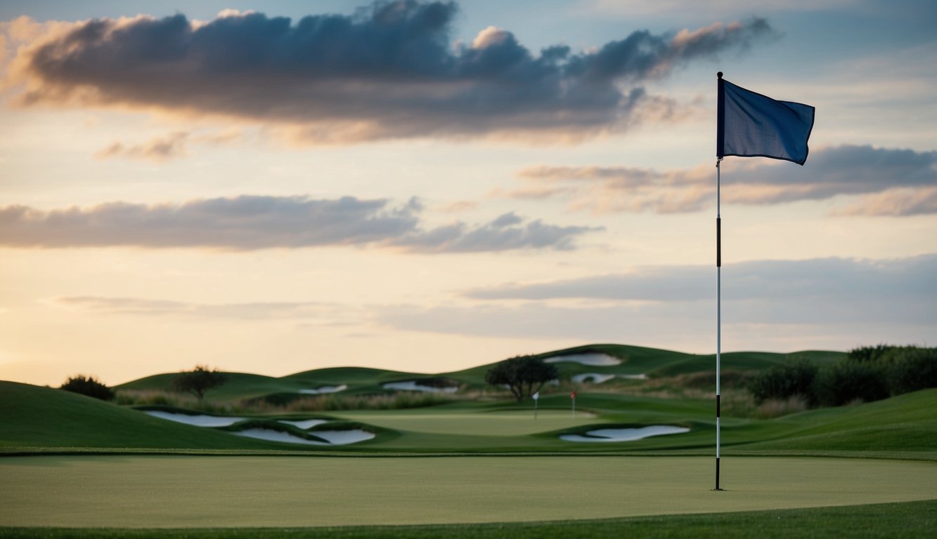 Sebuah lapangan golf dengan bendera berkibar di angin, dikelilingi oleh pepohonan hijau subur dan bukit yang bergelombang