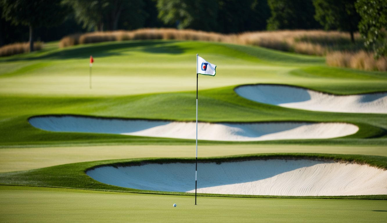 Sebuah lapangan golf dengan jalur hijau subur, perangkap pasir, dan bendera berkibar di angin.