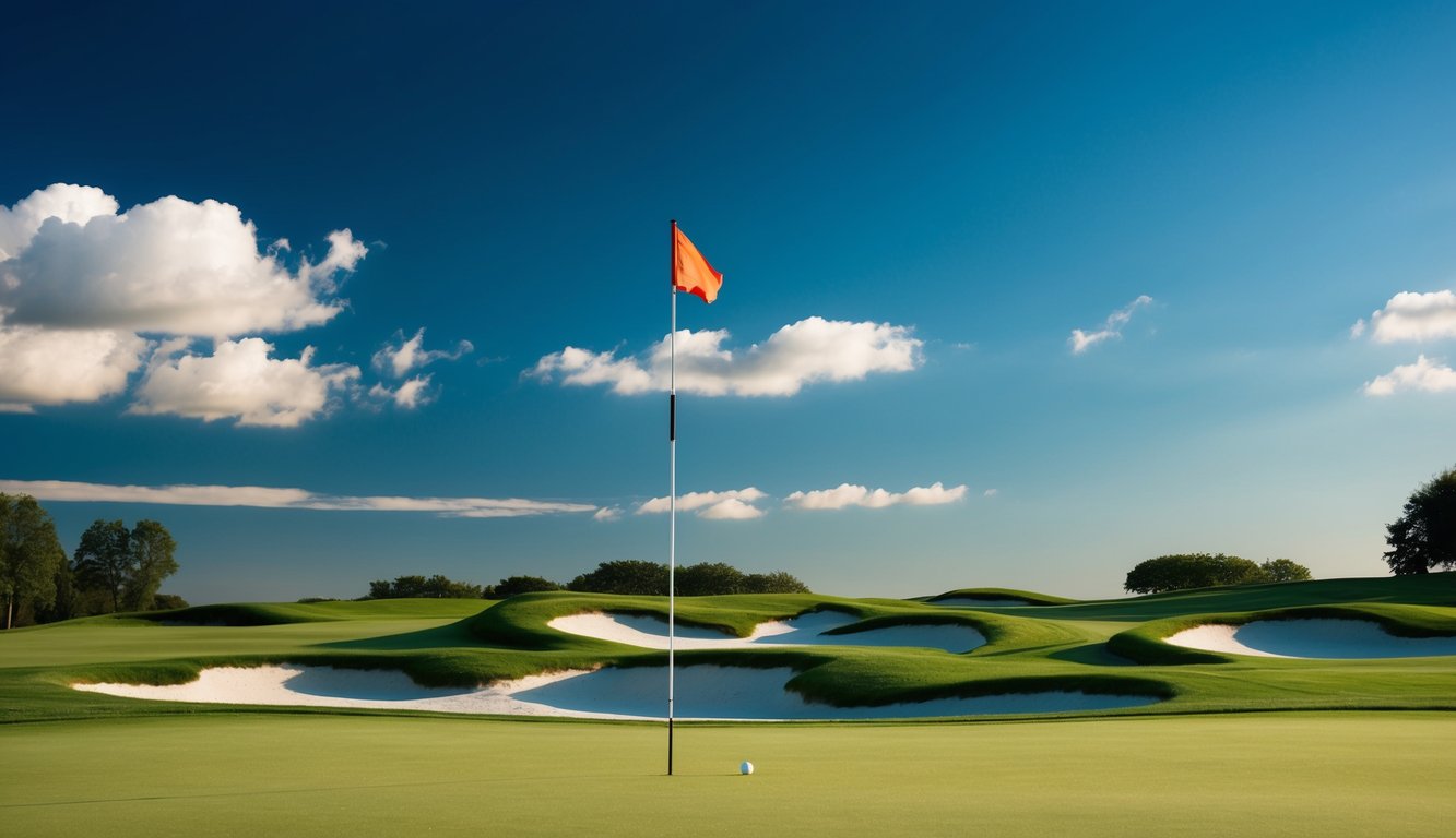 Sebuah lapangan golf dengan tiang bendera, jebakan pasir, dan fairway yang bergelombang di bawah langit biru dengan awan yang tersebar