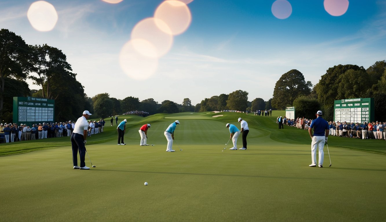 Lapangan golf dengan pemain yang sedang beraksi, penonton, dan papan taruhan