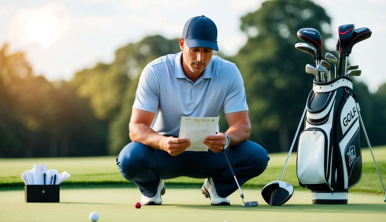 Seorang pegolf pemula sedang mempelajari kartu skor, dikelilingi oleh klub golf dan lapangan putting.