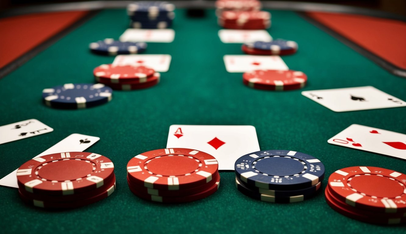 Sekelompok chip poker dan kartu yang disusun di atas meja felt hijau