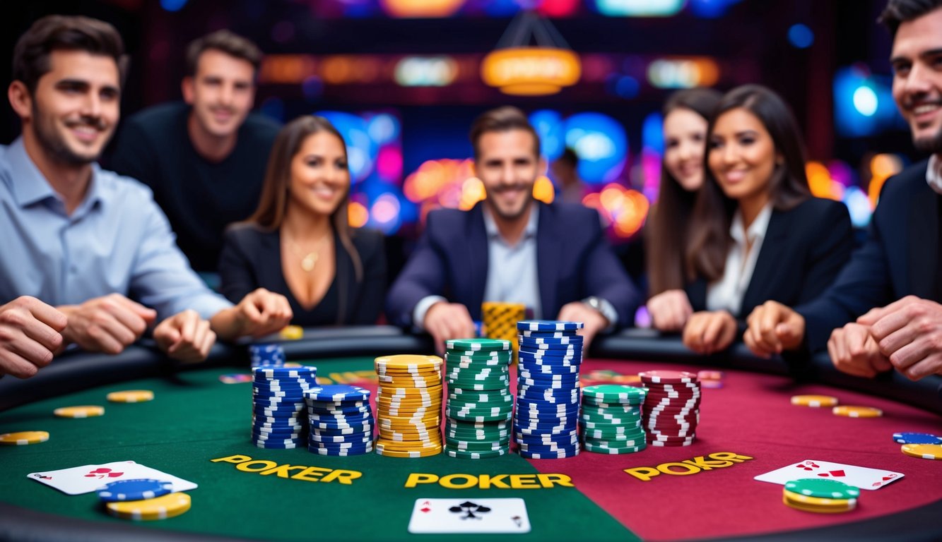 Meja poker online yang hidup dengan chip dan kartu berwarna-warni, dikelilingi oleh pemain yang antusias dalam suasana virtual yang menarik