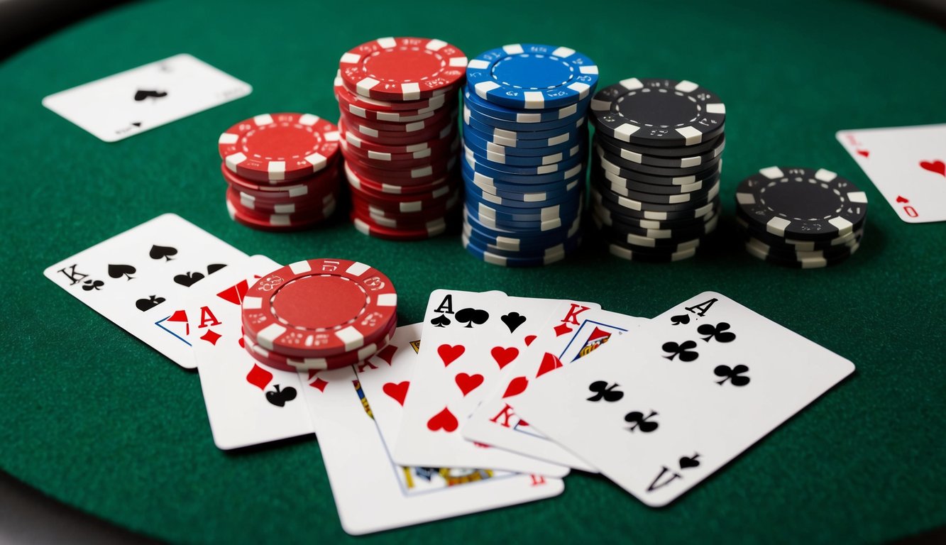 Sekelompok chip poker dan kartu remi yang disusun di atas meja felt hijau