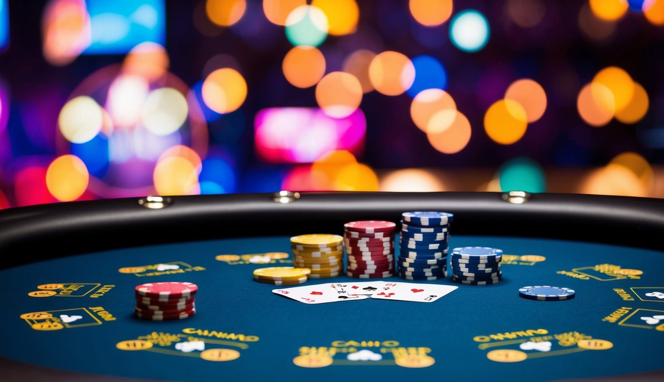 Sebuah meja poker online yang berwarna-warni dan hidup dengan chip dan kartu yang tersebar di sekitarnya, berlatar belakang sebuah kasino