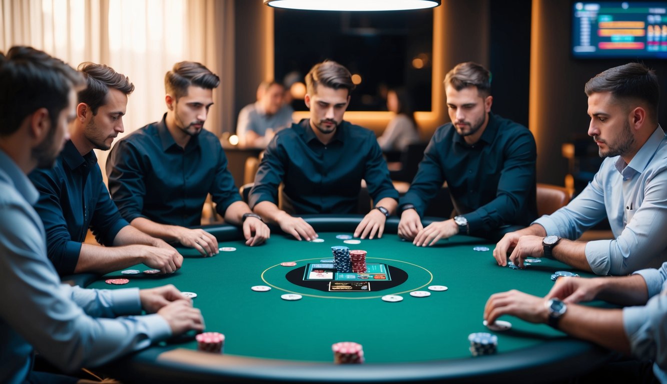 Sekelompok pemain poker berkumpul di sekitar meja virtual, masing-masing fokus pada kartu dan chip mereka, dengan antarmuka digital yang menampilkan kemajuan permainan.