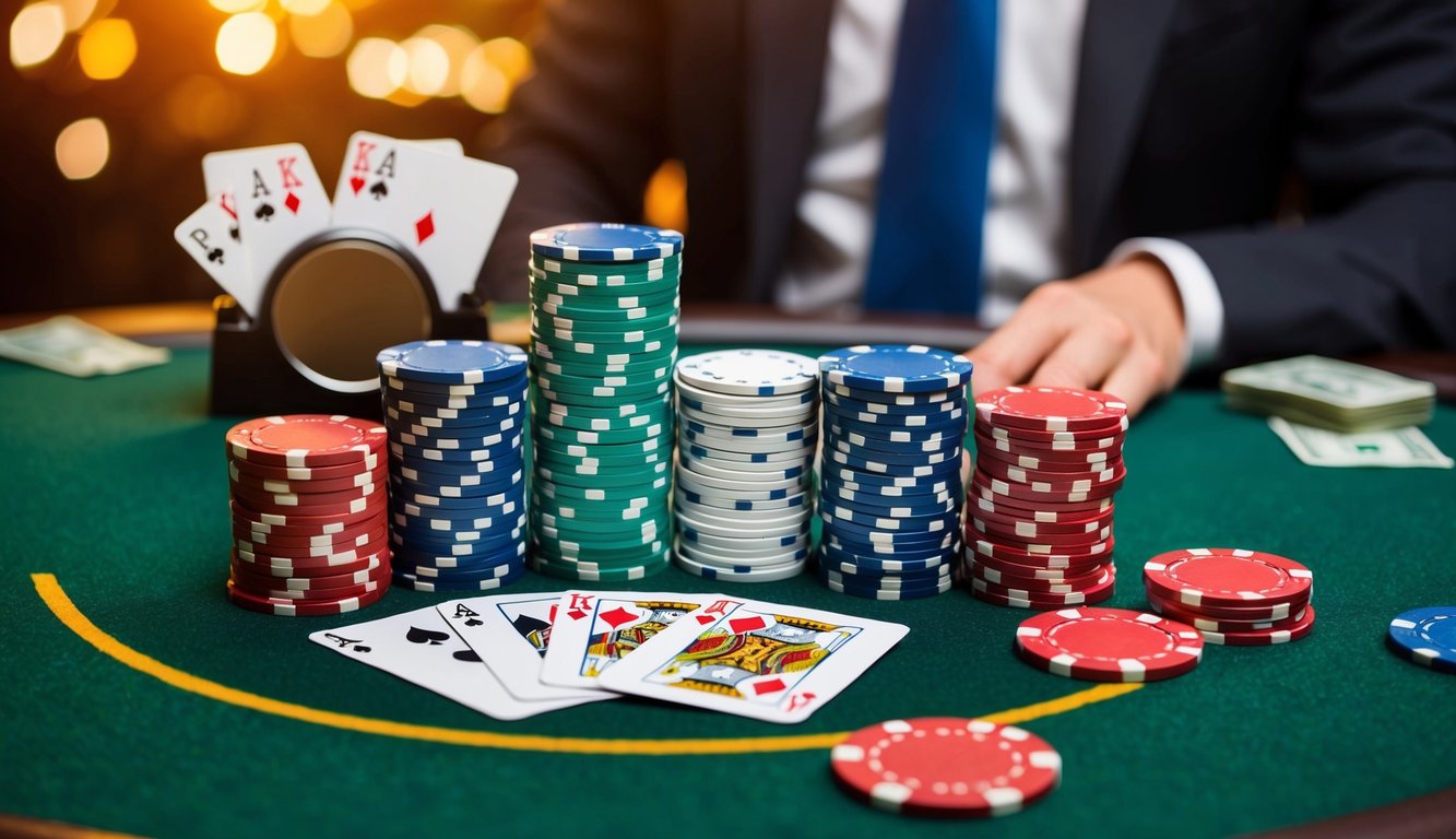 Sekelompok chip poker dan kartu bermain yang disusun di atas meja felt hijau, dengan tombol dealer dan tumpukan uang tunai di latar belakang