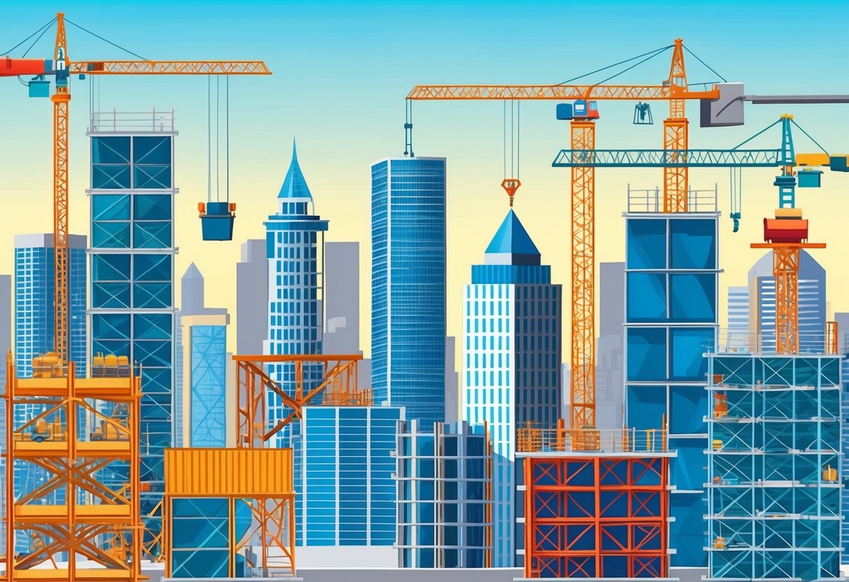 City skyline with various types of scaffolding structures, cranes, and construction equipment