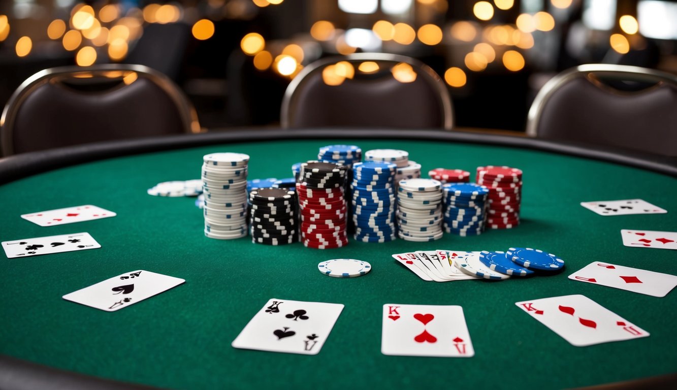 Sekelompok chip poker dan kartu berserakan di meja felt hijau, dengan kursi pemain kosong