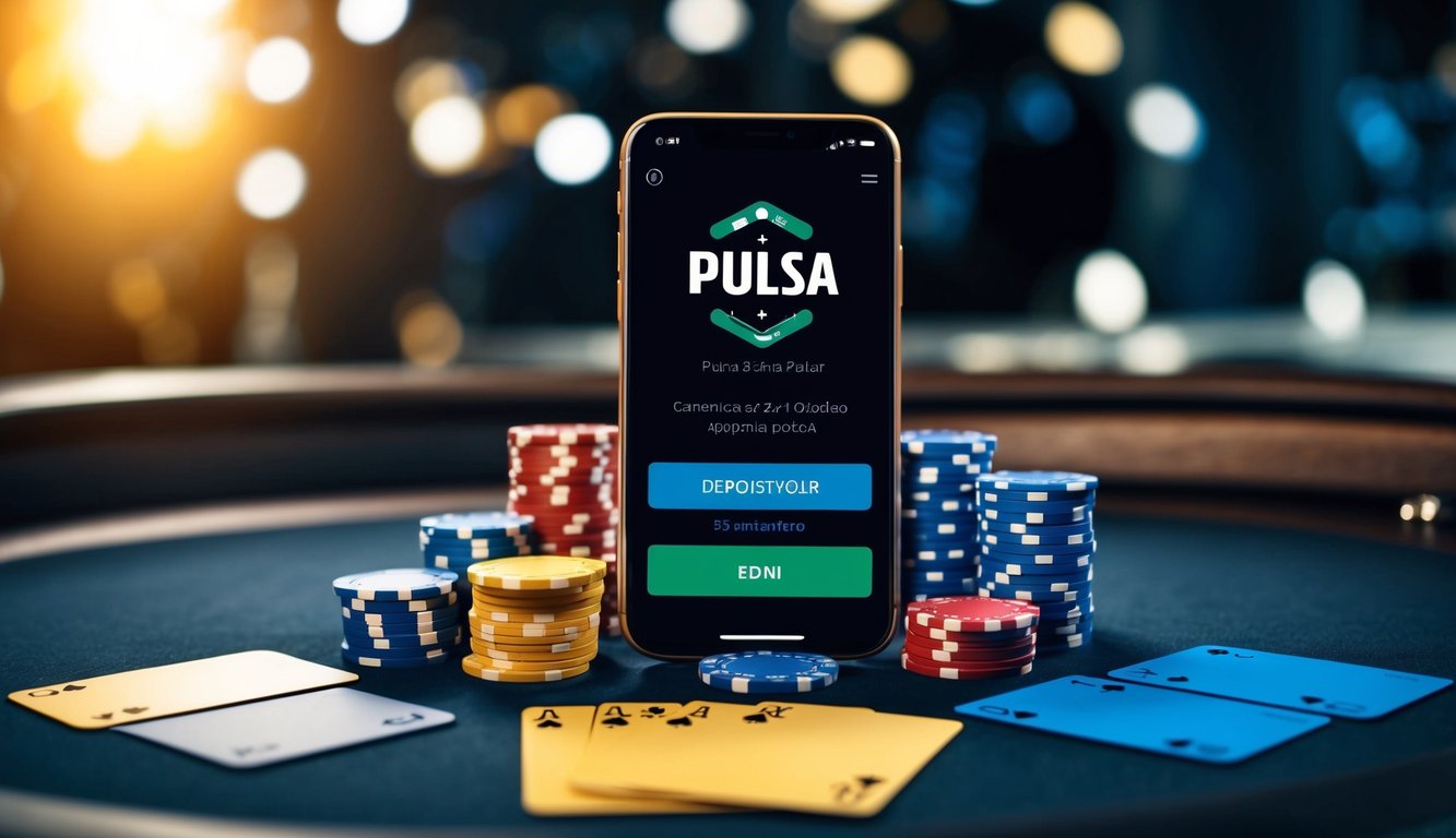 Sebuah smartphone yang menampilkan aplikasi poker dengan opsi deposit pulsa, dikelilingi oleh chip dan kartu di atas meja