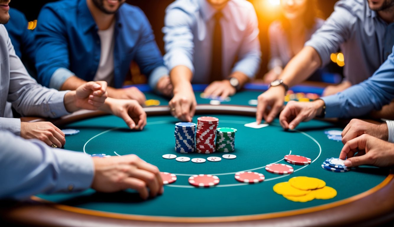 Sebuah meja poker virtual yang berwarna-warni dengan chip dan kartu, dikelilingi oleh sekelompok pemain yang antusias