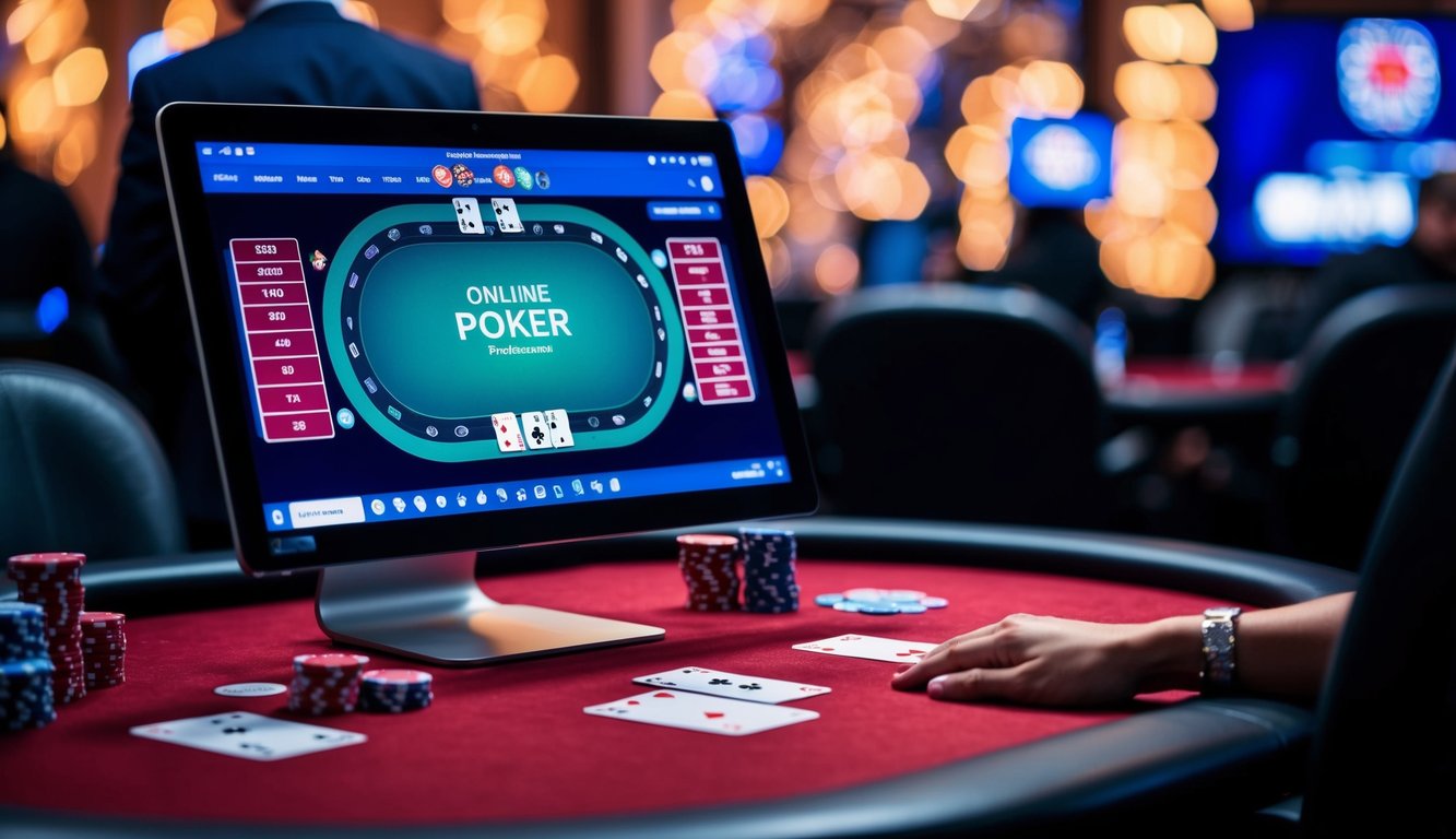 Sebuah meja poker dengan kartu, chip, dan layar komputer yang menampilkan antarmuka permainan poker online