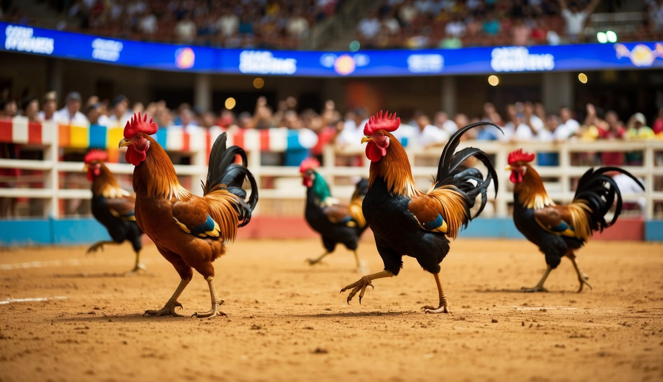 Arena sabung ayam online yang penuh semangat dengan penonton yang bersorak dan ayam jantan berwarna-warni yang sedang bertanding