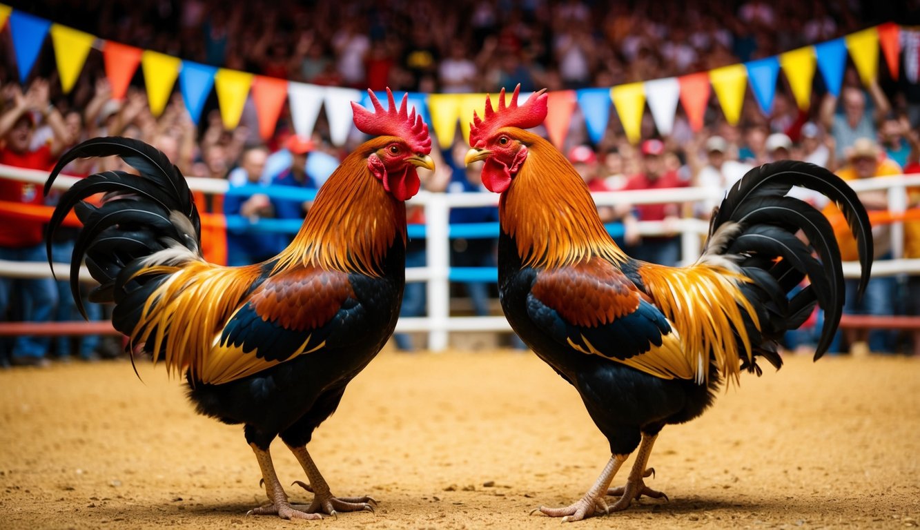 Dua ayam jantan berhadapan di arena yang ramai, dikelilingi oleh penonton yang bersorak dan spanduk berwarna-warni