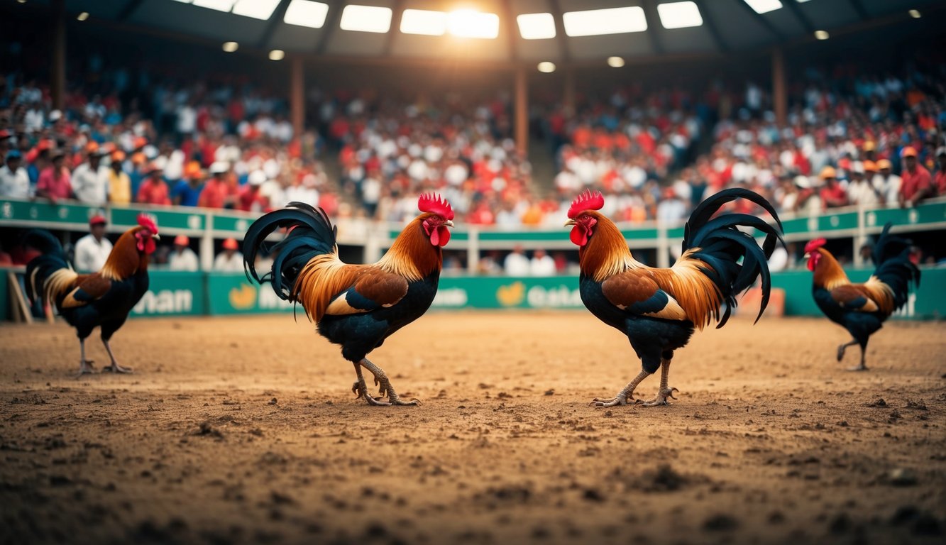 Siaran langsung dari arena sabung ayam dengan kerumunan yang dianimasikan dan ayam jantan yang bertarung