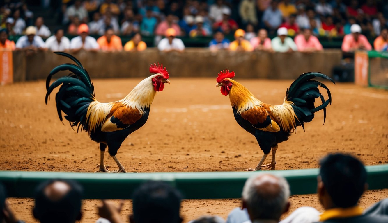 Sebuah arena yang ramai dengan ayam jantan yang berhadapan dalam pertandingan sabung ayam online yang sengit, dikelilingi oleh penonton yang bersorak.