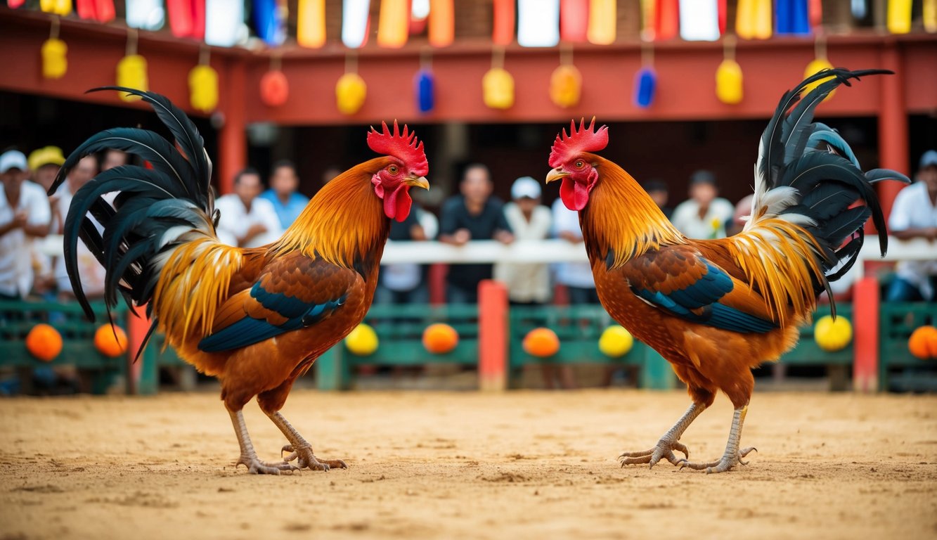 Dua ayam jantan berhadapan di arena sabung ayam tradisional, dikelilingi oleh penonton yang bersorak dan dekorasi berwarna-warni