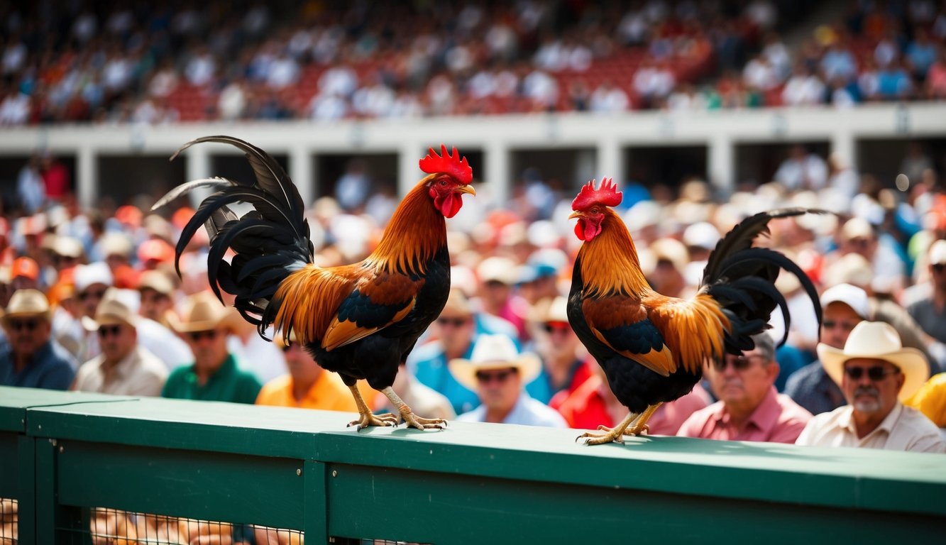 Arena luar ruangan yang ramai dengan ayam jantan bertarung sementara penonton menyaksikan siaran langsung