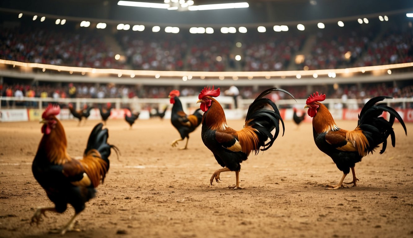 Sebuah arena sabung ayam resmi yang ramai dengan penonton yang bersorak dan ayam jantan yang bertarung