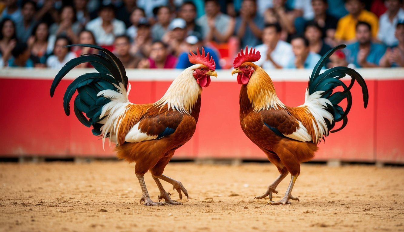 Sebuah arena sabung ayam yang meriah dengan penonton yang bersorak dan dua ayam jantan yang garang terlibat dalam pertempuran