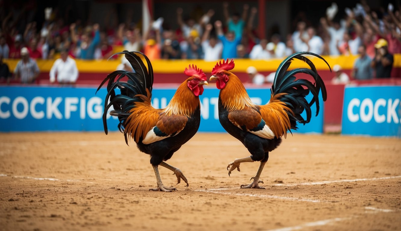 Arena sabung ayam yang meriah dengan penonton yang bersorak dan dua ayam jantan yang garang terlibat dalam pertarungan