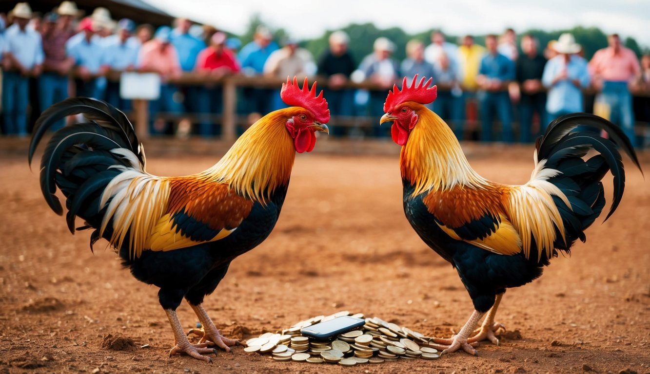 Dua ayam jantan berhadapan di arena tanah, dikelilingi oleh kerumunan penonton, dengan sebuah ponsel dan tumpukan koin di dekatnya