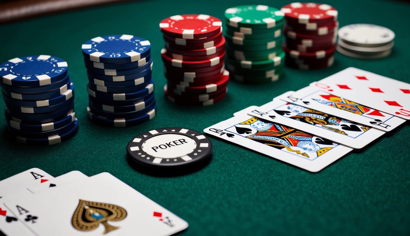 Sekelompok chip poker yang disusun di atas meja felt hijau, dengan setumpuk kartu dan tombol dealer di dekatnya