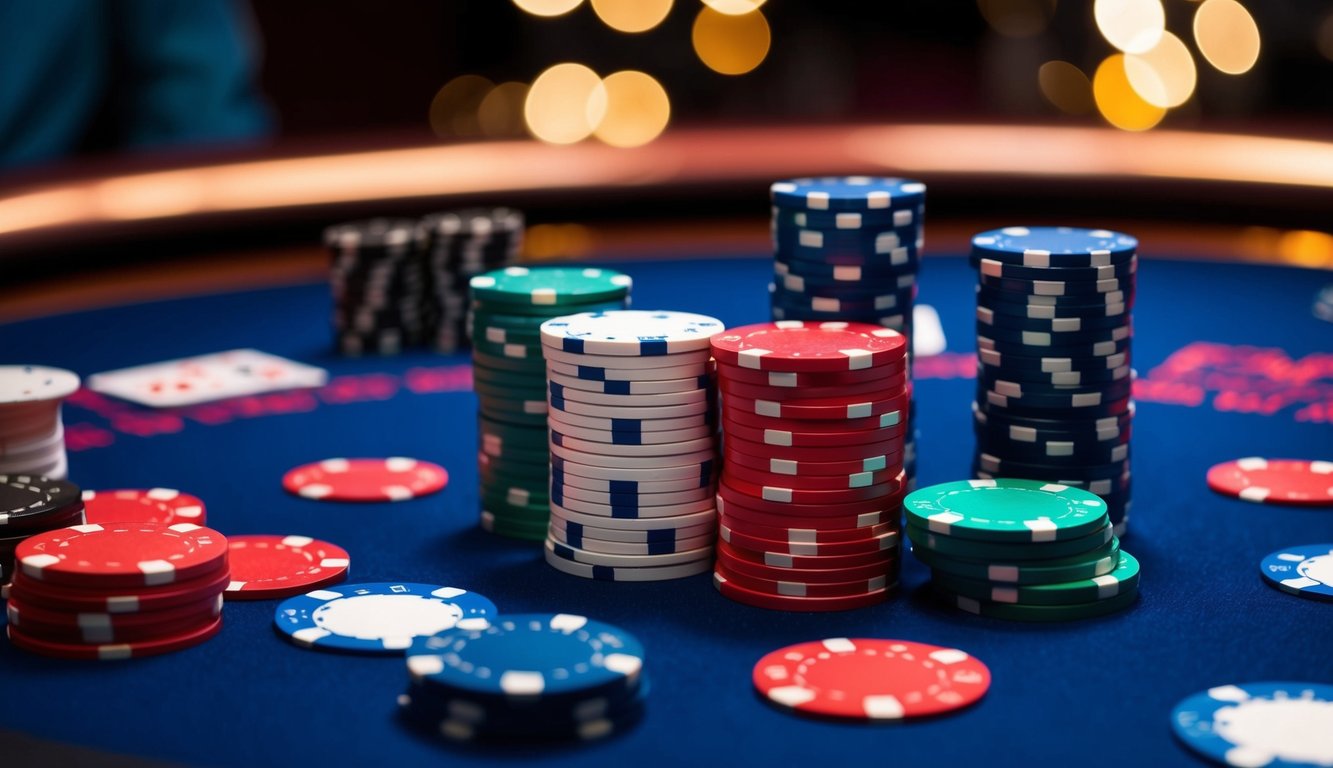 Meja poker online yang berwarna-warni dengan chip dan kartu