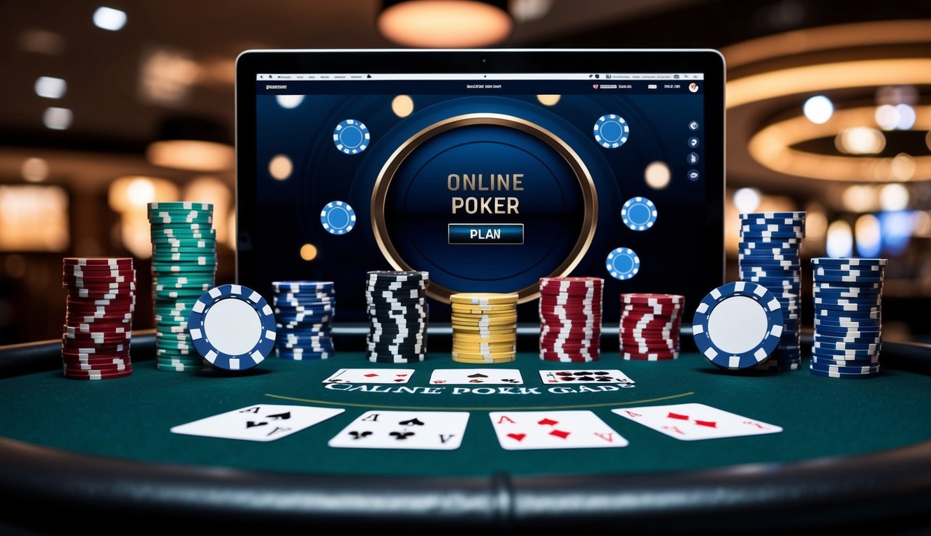 Meja poker virtual dengan chip dan kartu digital, diatur di latar belakang antarmuka kasino online yang bergaya dan modern