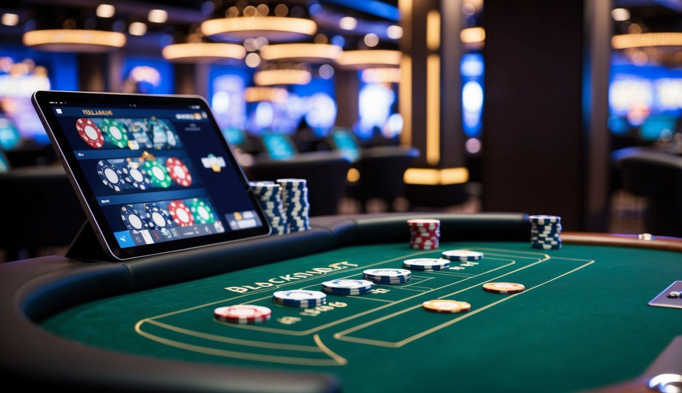 Sebuah meja blackjack online yang ramping dan modern dengan kartu dan chip virtual, dikelilingi oleh lingkungan kasino digital yang stylish dan mengundang